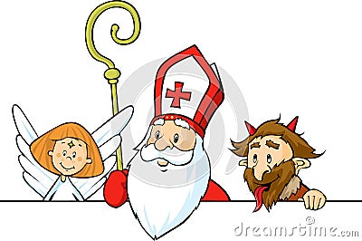 Saint Nicholas, devil and angel peeking out behind white surface - vector Vector Illustration