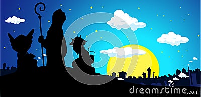 Saint Nicholas, Devil and Angel Silhouette Banner Townscape Vector Stock Photo