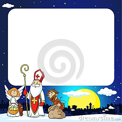 Saint Nicholas, devil and angel in town - vector illustration frame Vector Illustration