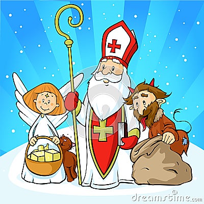 Saint Nicholas, devil and angel - vector illustration cartoon Vector Illustration