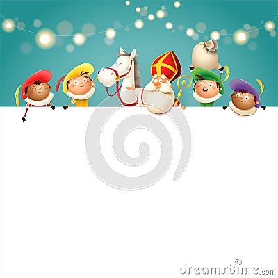 Saint Nicholas his horse and helpers on board - happy cute characters celebrate Dutch holiday - vector illustration turquoise back Vector Illustration