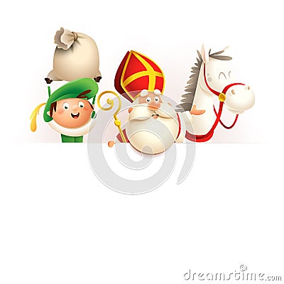 Saint Nicholas or Sinterklaas horse and helper Zwarte Piet on board - happy cute characters celebrate Dutch holiday - vector illus Vector Illustration