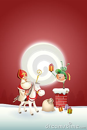 Saint Nicholas horse and helper Piet on chimney delivered gifts - happy cute characters celebrate holidays - vector illustration o Vector Illustration