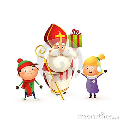 Saint Nicholas with kids girl and boy celebrate holidays - isolated on white background Vector Illustration