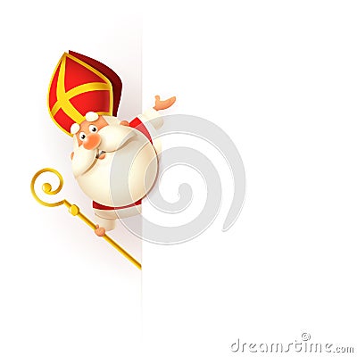 Saint Nicholas on left side of board - happy cute character celebrate holiday - vector illustration isolated on white Vector Illustration