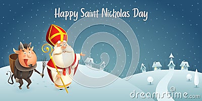 Saint Nicholas and Krampus are coming to town - winter scene - dark night background Vector Illustration