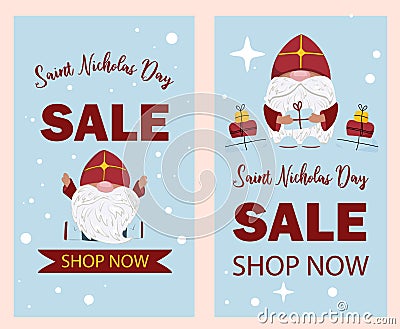 Saint nicholas sale. Mikulas or Sinterklaas winter holiday. St. Nicholas character. Vertical sale banner Vector Illustration