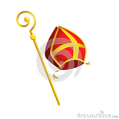 Saint Nicholas or Sinterklaas attributes mitre and golden crosier stick - isolated on white background Vector Illustration