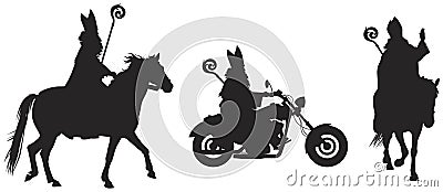 Saint Nicholas Sinterklaas Bishop of Myra on the horse and bike vector silhouettes Vector Illustration