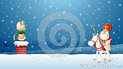 Saint Nicholas with horse on roof bringing gifts to children - winter landscape Vector Illustration