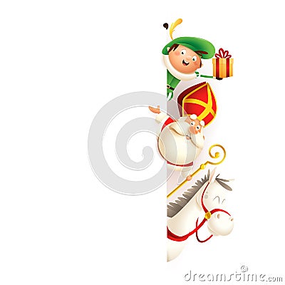 Saint Nicholas or Sinterklaas horse Amerigo and Zwarte Piet on right side of board - happy cute characters celebrate holidays - ve Vector Illustration