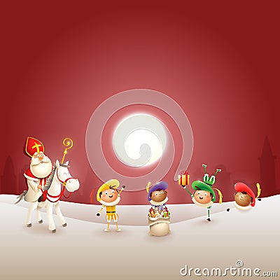 Saint Nicholas or Sinterklaas horse and four helper celebrate Dutch holiday at red winter landscape Vector Illustration