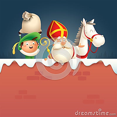 Saint Nicholas or Sinterklaas horse and helper Pete on board - happy cute characters celebrate Dutch holiday on winter wall - vect Vector Illustration