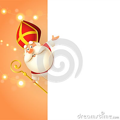 Saint Nicholas Sinterklaas on left side of board - happy cute character celebrate holiday - poster template Vector Illustration