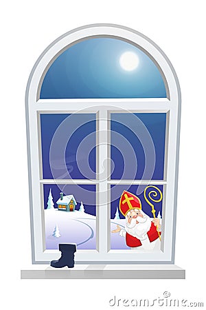 Saint Nicholas - Sinterklaas - looking at window from outside, children boot wait for gifts - winter night lansdcape Vector Illustration