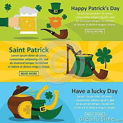 Saint Patrick banner horizontal set, flat style Vector Illustration