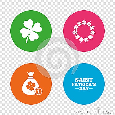 Saint Patrick day icons. Money bag with clover. Vector Illustration