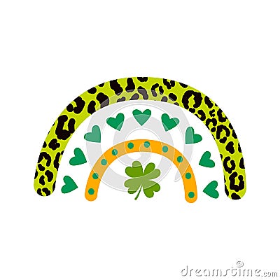 Saint Patrick day rainbow with hearts and leopard print. Feeling lucky Saint Patricks day clipart with shamrock leaf Vector Illustration