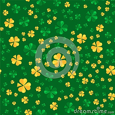 Saint Patrick day seamless pattern design. La Fheile Padraig holiday background. Irish green and golden colors shamrock or clover Vector Illustration