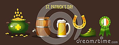 Saint Patrick Day set. Icons on the holidays Saint Patrick - keg of wine beer,clover, pot of gold, green shoe, hat, beer, wood Vector Illustration