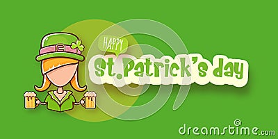 Saint Patrick girl holding beer isolated on horizontal green banner background. Happy st Patricks day banner or poster Vector Illustration