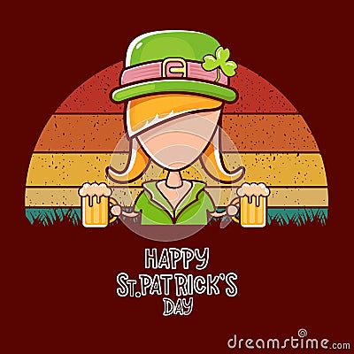 Saint Patrick girl holding beer isolated on vintage background with sun. Happy st Patricks day banner or poster with Vector Illustration