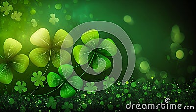 Saint Patrick green background banner with clover. Generative AI Cartoon Illustration