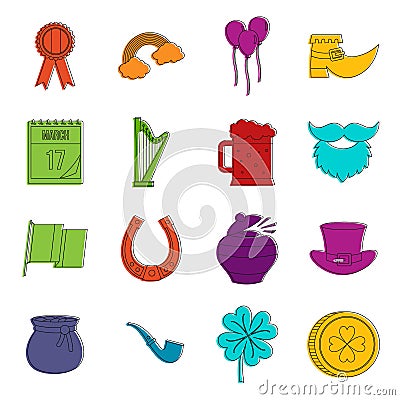 Saint Patrick icons doodle set Vector Illustration