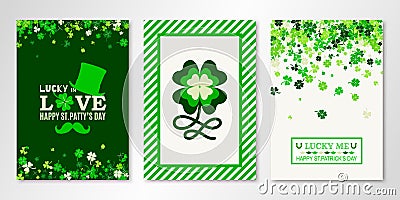 Saint Patrick`s Day banners set of three sheets with four leaved greenery clover and shamrock confetti. Vector templates Vector Illustration