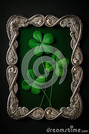 Saint Patrick's day four leaf clover inside the vintage picture frame. Background image design. Ai generative Stock Photo