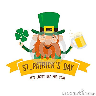 Saint Patrick`s Day. Funny Leprechaun with leaf clover and pint beer on a light background. Vector Illustration