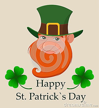 Saint Patrick`s Day greeting card. Head of cartoon happy leprechaun. Character with green hat, red beard and four leaf clover. Vector Illustration