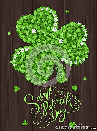 Saint Patrick`s Day invitation card, clovers background, lettering, spring holidays Vector Illustration