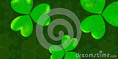 Saint Patrick`s Day pattern with green four and tree leaf clovers on green background. Vector illustration. Party Vector Illustration