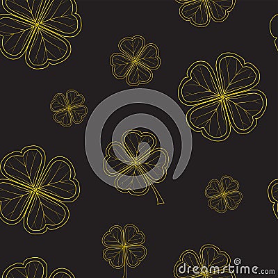 Saint Patrick`s Day seamless pattern with gold tender clover leaves on black background. Vector Illustration