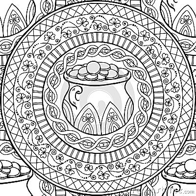 Saint Patrick`s Day Theme mandala with Irish pot, golden coins with clover. Vector Illustration