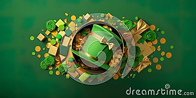 Saint Patrick's Day, top view photo of set of gift boxes, hat and decorative accessories on isolated green background Stock Photo