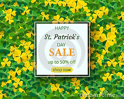 Saint Patrick`s Day Vertical Border with Green and Gold, Four and Tree Leaf Clovers on White Background. Vector Vector Illustration