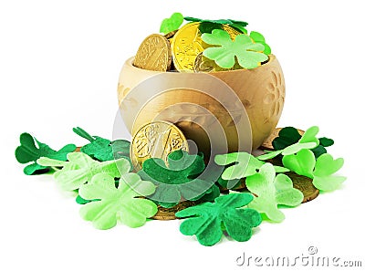 Saint patrick's pot with gold and shamrock Stock Photo