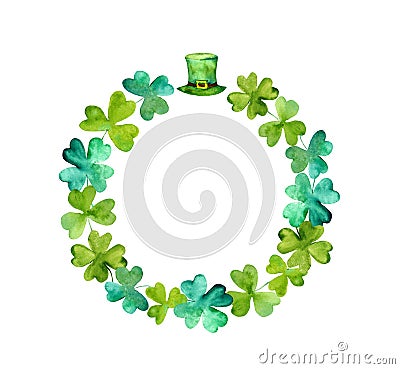 Saint Patrick wreath - trefoil leaves, green hat. Watercolor round frame Stock Photo