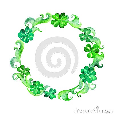 Saint Patrick wreath - trefoil leaves. Watercolor round border Stock Photo