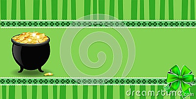 Saint Patricks Day banner with cauldron full of leprechauns gold Vector Illustration