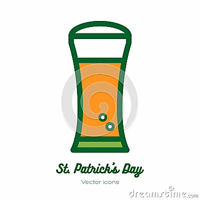 Saint Patricks day beer glass, pint mug, tankard vector icon. Orange green line art flat icon for logo, sign, button Vector Illustration