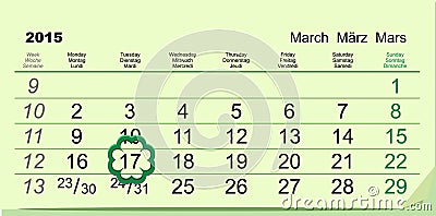 Saint Patricks Day. Calendar March 17 Vector Illustration