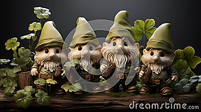 Saint Patricks Day Card with Leprechaun,Shamrock Gnomes and Shamrock on Blurred Black Background.Generative Ai Stock Photo