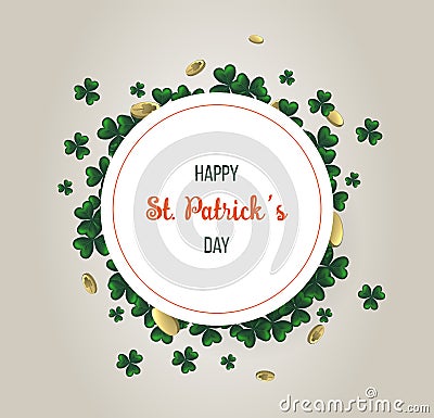 Saint Patricks Day Card with Treasure of Leprechaun, clover Vector Illustration