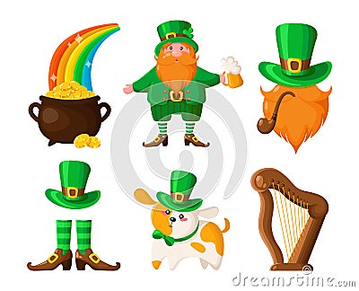 Saint Patricks Day cartoon leprechaun, shamrock, Vector Illustration