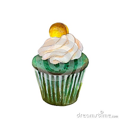 Saint Patricks day cupcake with coin, watercolor illustration in hand-drawn style. Cartoon Illustration