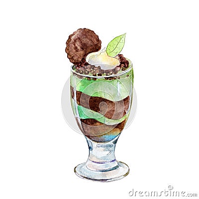 Saint Patricks day mint and chocolate sweet shot-glass desert, watercolor illustration in hand-drawn style. Cartoon Illustration