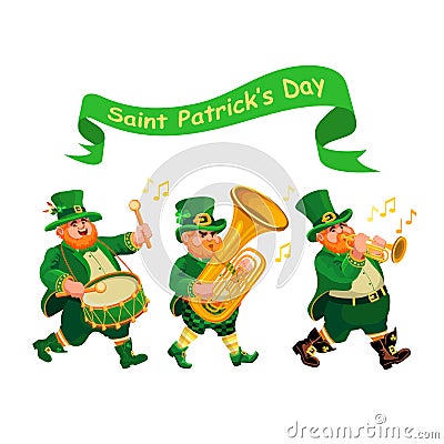 Saint Patricks Day. Musicians in leprechaun costumes. Holiday Vector illustration. Vector Illustration